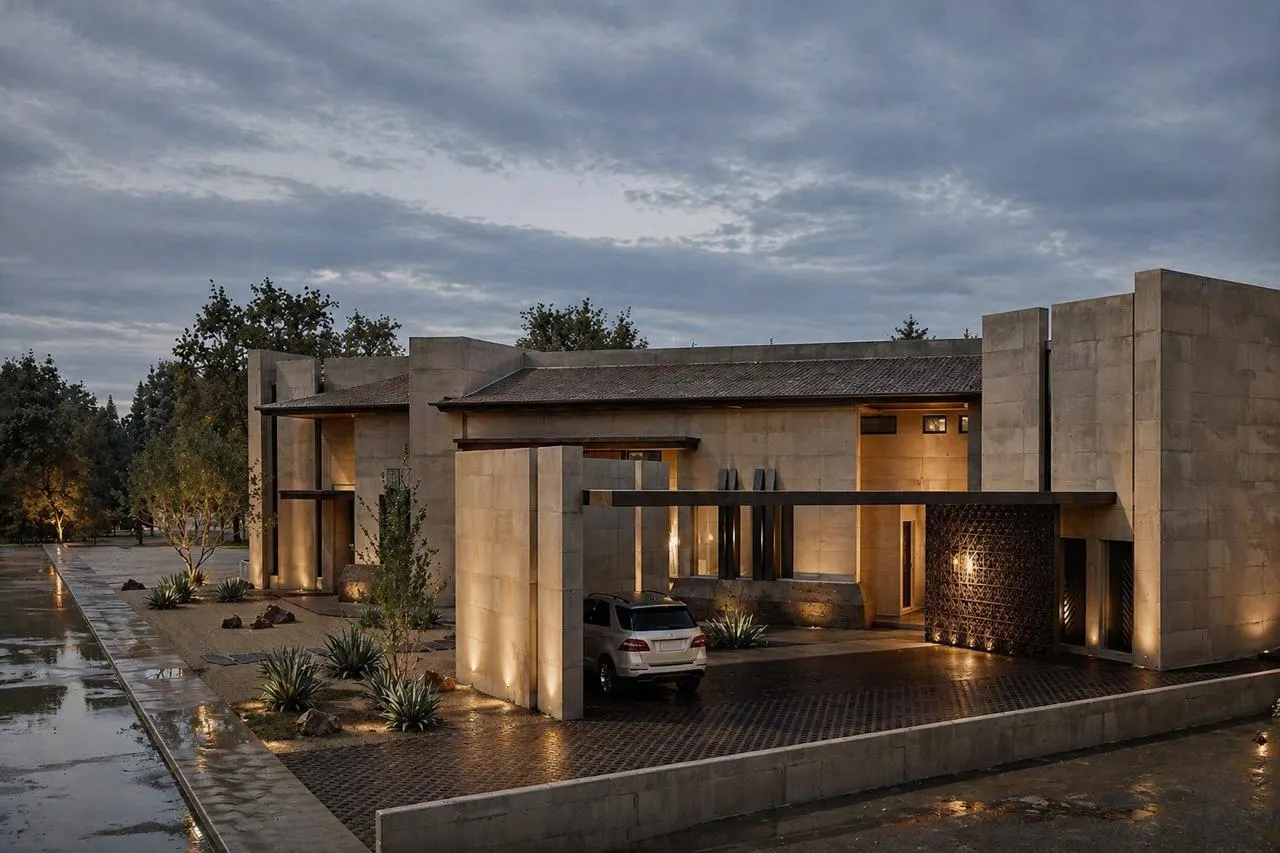 Casa Pedregal — exterior de concreto al atardecer